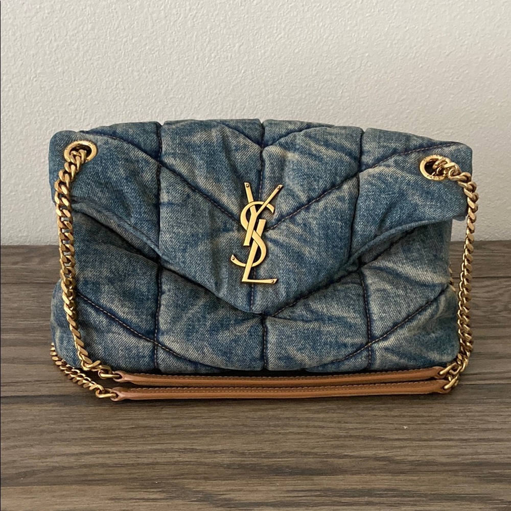Yves Saint Laurent Denim Quilted Small Loulou Puffer Monogram Chain Satchel